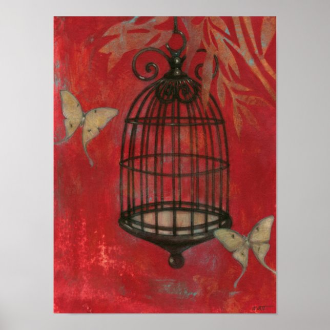Poster Cage d'oiseaux décorative avec papillons (Devant)
