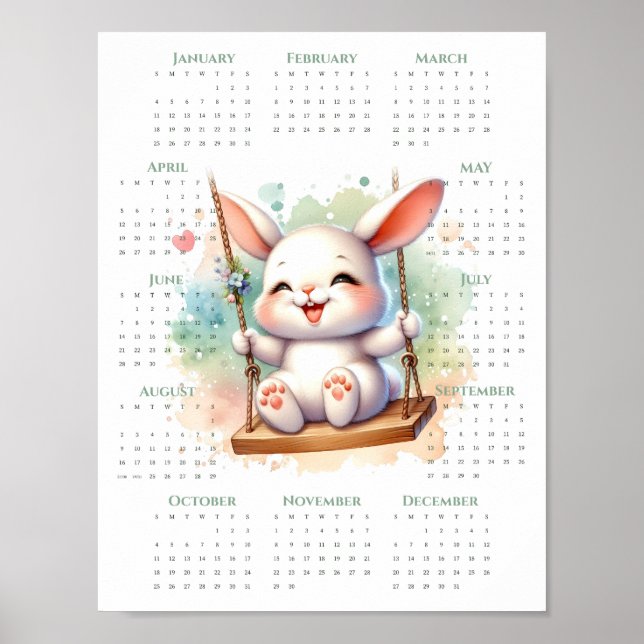 Poster Calendrier 1 page 2026 Lapin mignon sur balançoire (Devant)