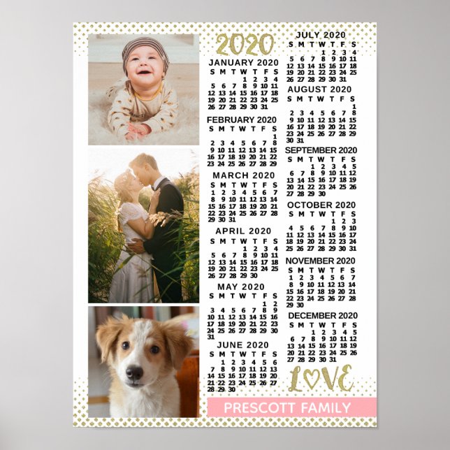 Poster Calendrier 2020 Rose Pâle Or Collage Photo de Fami (Devant)