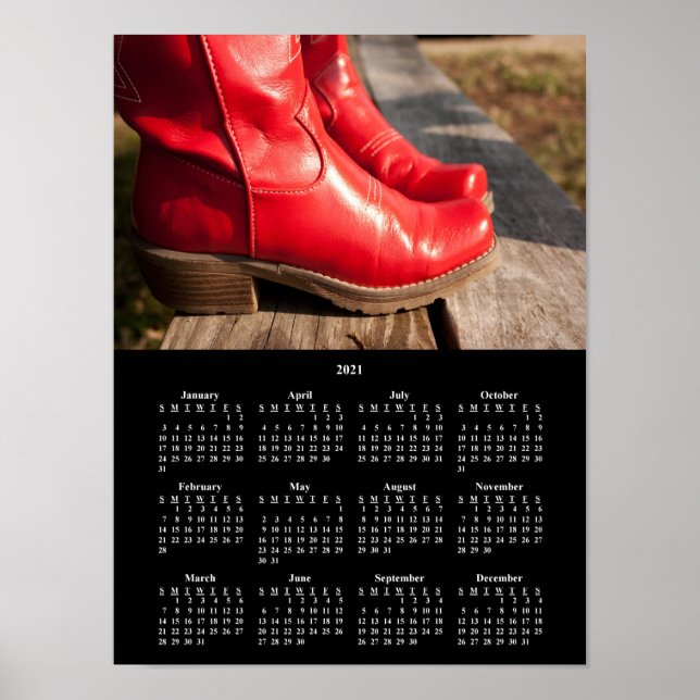 Poster Calendrier 2021 des bottes de cowboy rouges fantai (Devant)