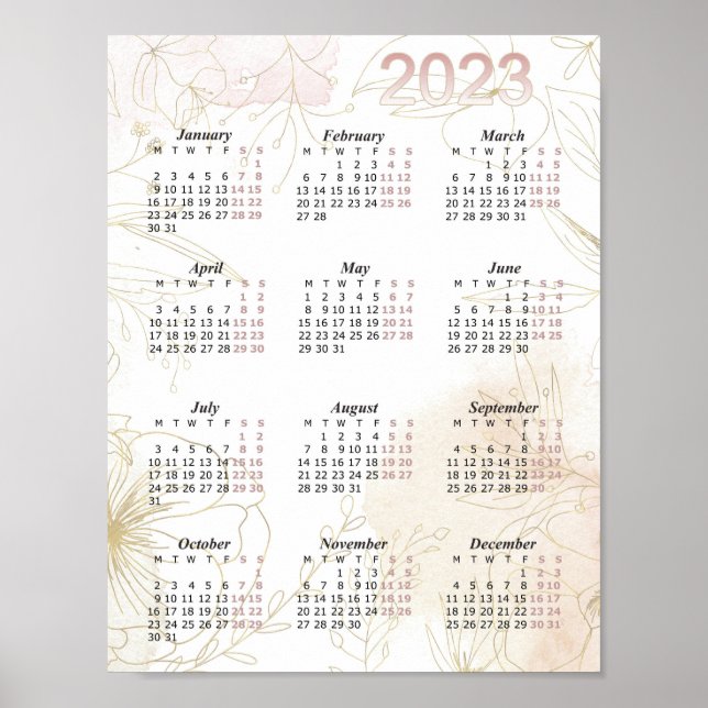 Poster Calendrier 2023, Calendrier annuel aquarelle, Mode (Devant)