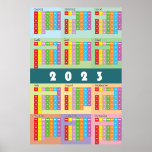 Poster calendrier 2023 couleurs jours semaine mois