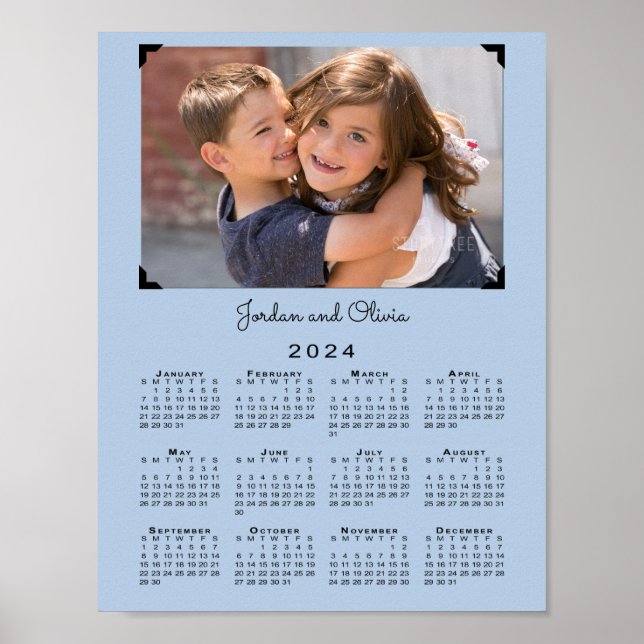 Poster Calendrier 2024 avec votre photo et nom bleu clair (Devant)