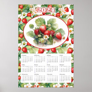 Poster Calendrier 2024 Fraises à l'aquarelle Vintage 