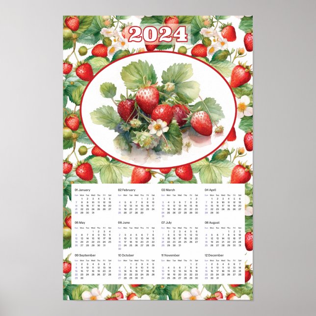 Poster Calendrier 2024 Fraises Vintage Aquarelle  (Devant)