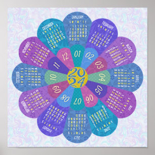 Poster Calendrier 2024 Unique Rond Bohème Fleur Violette