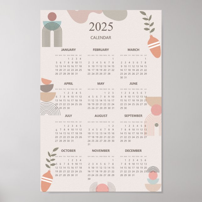 Poster Calendrier 2025 Boho Mid Century Abstrait Minimali (Devant)