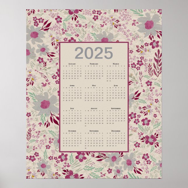 Poster Calendrier 2025 de motifs floraux gris rose (Devant)