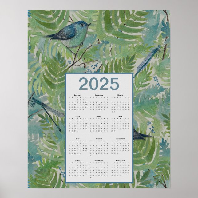 Poster Calendrier 2025 des oiseaux de fougères (Devant)