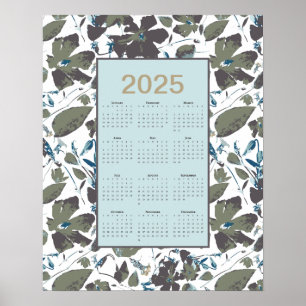 Poster Calendrier 2025 Vert Bleu Clematis Floral