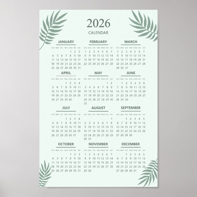 Poster Calendrier 2026 Boho Floral Esthétique Mint Green (Devant)