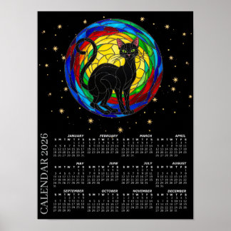 Poster Calendrier 2026, Chat Noir Vintage, Mosaïque Color