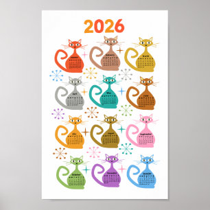 Poster Calendrier 2026 Chats Atomiques Colorés du Milieu 