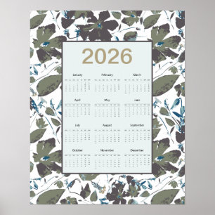 Poster Calendrier 2026 Clematis Floral Bleu Vert
