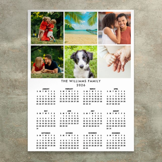 Poster Calendrier 2026 Collage Photo 6 Moderne (2026 Calendar 6 Photo Collage Modern Poster)