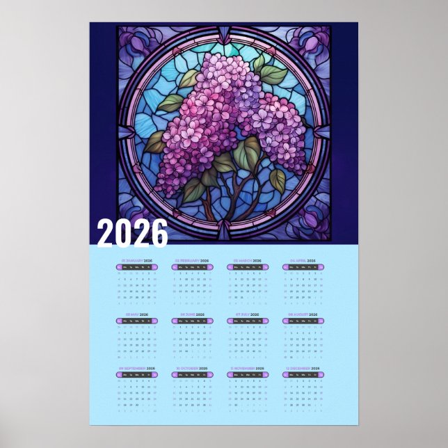 Poster Calendrier 2026 du lilas violet sur mur (Devant)
