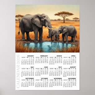 Poster Calendrier 2026, Éléphants d'Afrique, Safari, Afri