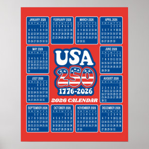 Poster Calendrier 2026 - États-Unis 250 Rouge Blanc Bleu