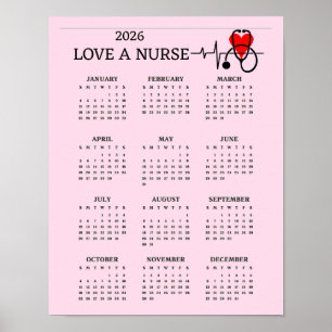 Poster Calendrier 2026 Love a Nurse Cœur Stethoscope