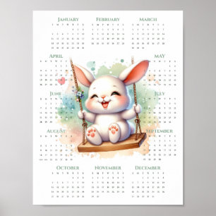 Poster Calendrier 2026 sur une page Lapin mignon sur une 