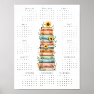 Poster Calendrier 2026 sur une page Livres empilés Bleu c
