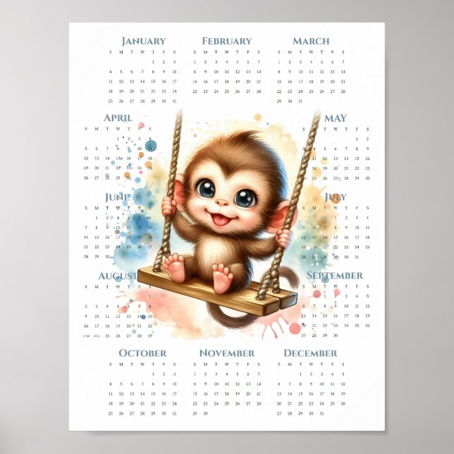 Poster Calendrier 2026 sur une page Singe mignon sur bala (Devant)