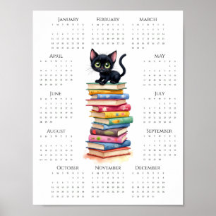 Poster Calendrier 2026 une page Chat noir sur des livres 