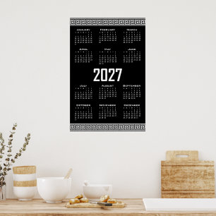 Poster Calendrier 2027, Frise grecque, Blanc sur Noir