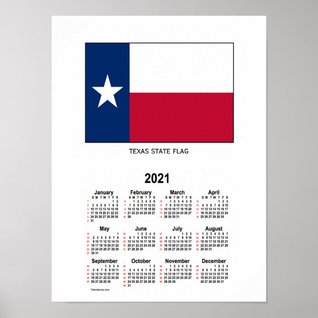 Poster Calendrier 52 semaines 2021 Drapeau du Texas par J (Devant)