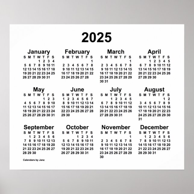 Poster Calendrier annuel 2025 à fond blanc par Janz Poste (Devant)