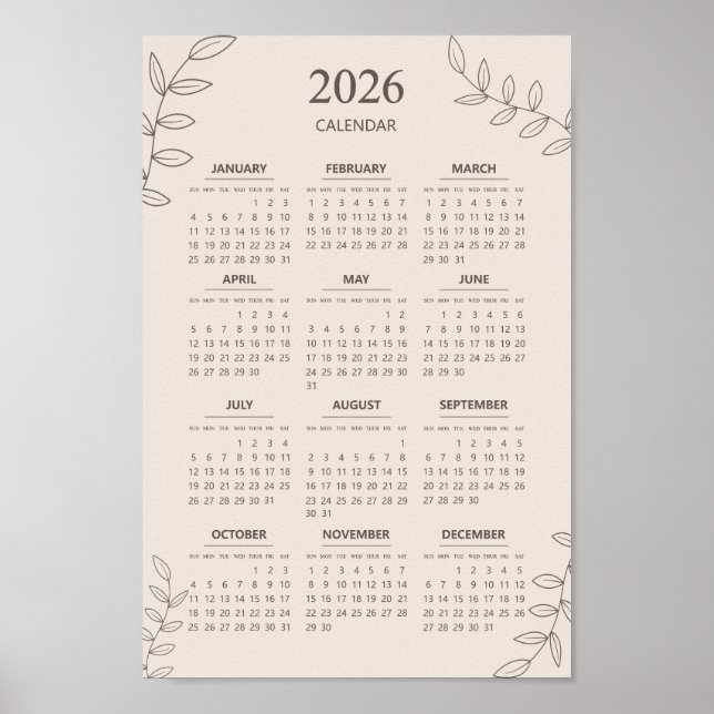 Poster Calendrier annuel 2026 Dessin au trait floral Mini (Devant)