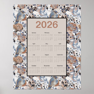 Poster Calendrier annuel 2026 Oiseau bleu floral