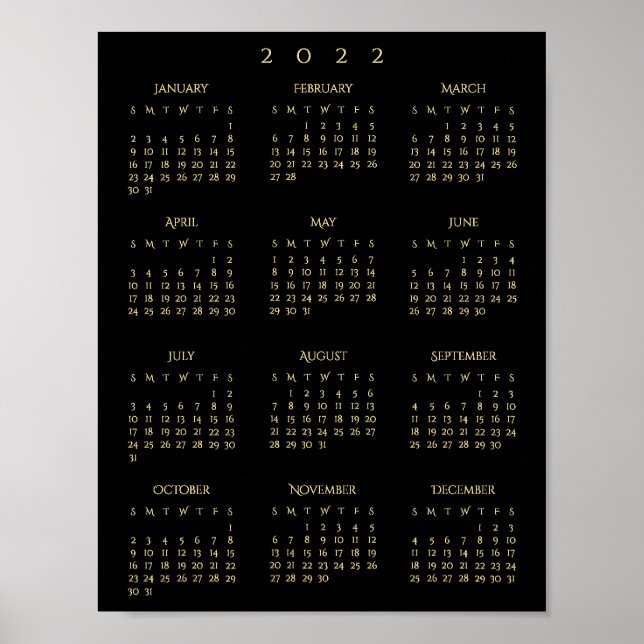Poster Calendrier annuel de bureau 2022 Black Gold (Devant)