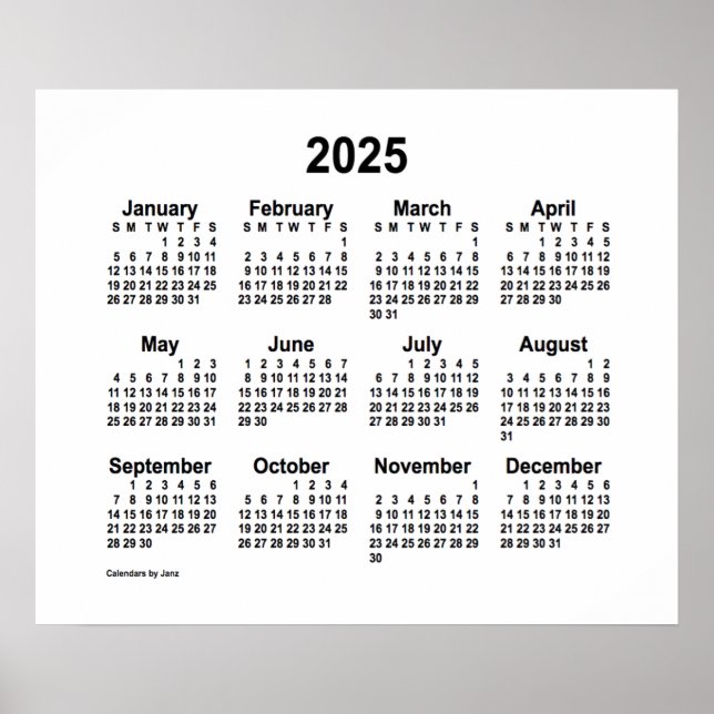 Poster Calendrier blanc 2025 par Janz Imprimer (Devant)