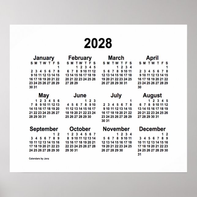 Poster Calendrier blanc 2028 de Janz Print (Devant)