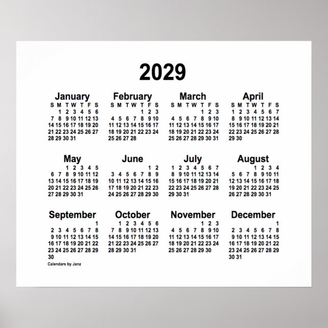 Poster Calendrier blanc 2029 par Janz Print (Devant)