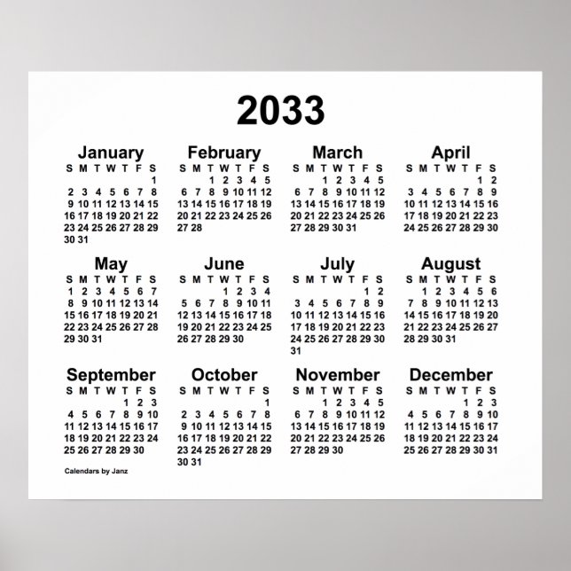 Poster Calendrier blanc 2033 par Janz Print (Devant)