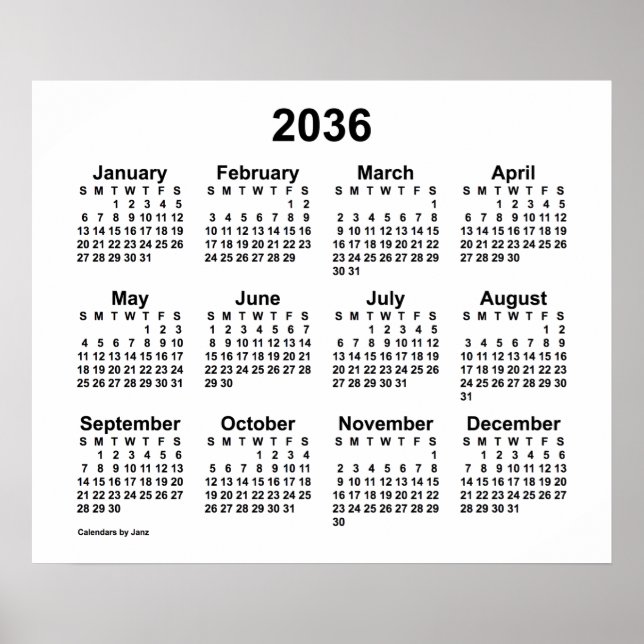 Poster Calendrier blanc 2036 par Janz Print (Devant)