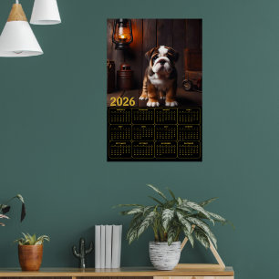 Poster Calendrier chiot Bouledogue 2026 avec lanterne