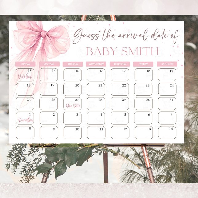 Poster Calendrier Coquette Rose à nœud devinez la date pr (Chic Bow Pink Coquette baby shower "Guess the Due Date" calendar, featuring delicate pink bows and e)