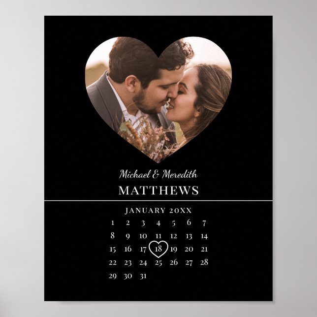 Poster Calendrier d'anniversaire du Mariage noir moderne (Devant)