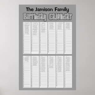 Poster Calendrier d'anniversaire perpétuel personnalisé