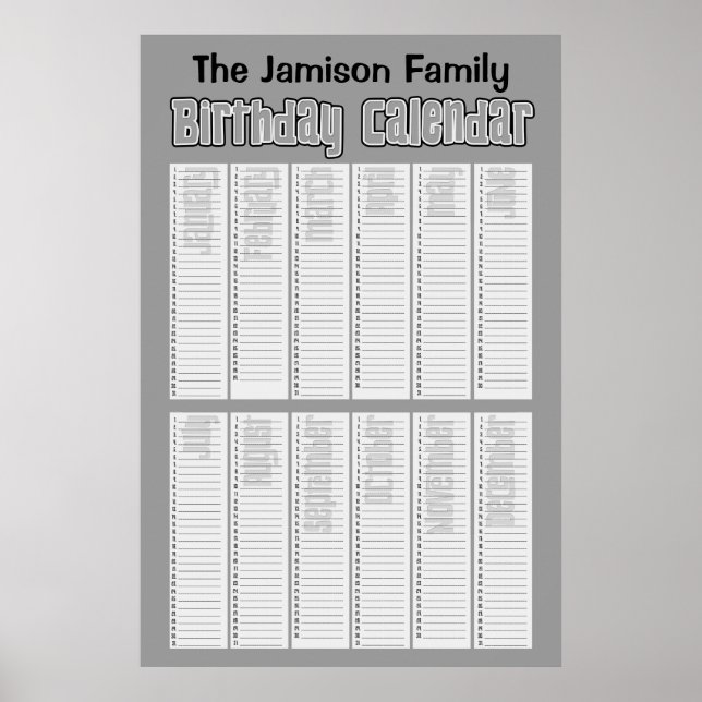 Poster Calendrier d'anniversaire perpétuel personnalisé (Devant)