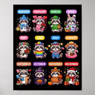 Poster Calendrier de 12 mois de raton laveur mignon St.Pa