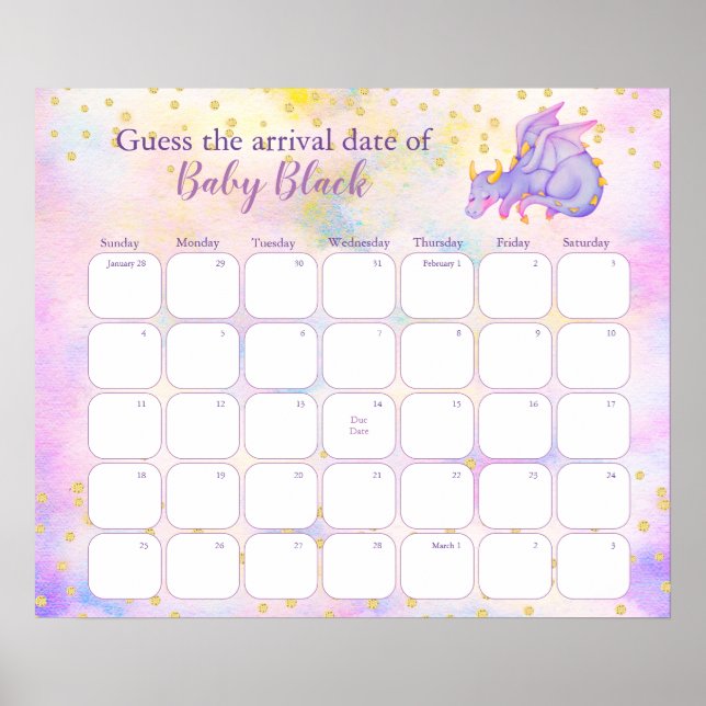 Poster Calendrier de Baby Shower Dragon pour deviner la d (Devant)