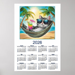 Poster Calendrier de chat 2026 Chat tropical cool