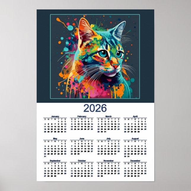 Poster Calendrier de chat aquarelle magnifique chat (Devant)
