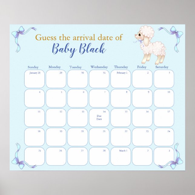 Poster Calendrier de date d'échéance du Baby shower d'agn (Devant)