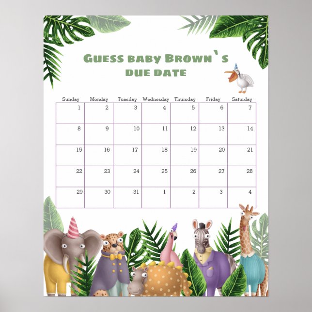 Poster Calendrier de date prévue d'animaux de Safari Trop (Devant)