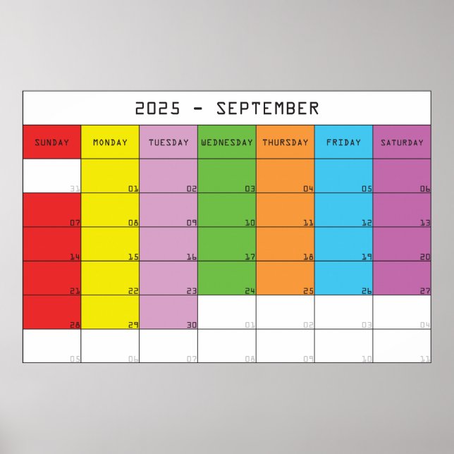Poster Calendrier de jours de couleur septembre 2025 plan (Devant)